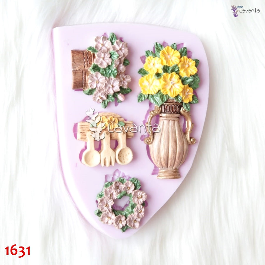 Saksıda Çiçekler Kolaj Kokulu Taş Silikon Kalıbı