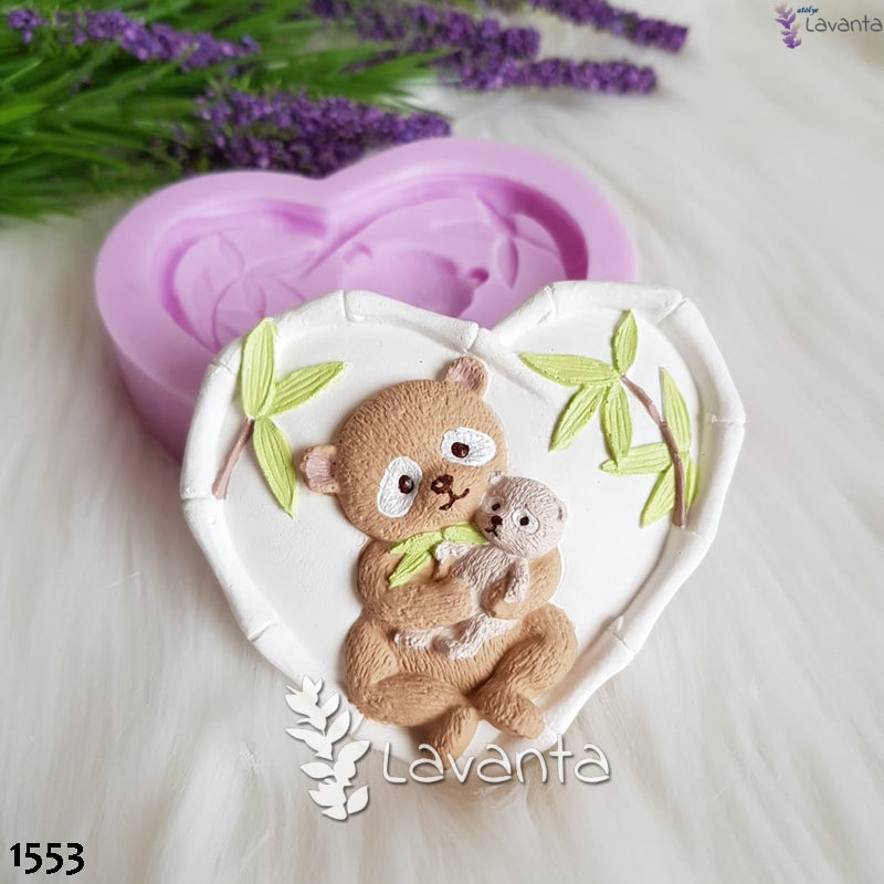 Kalp İçinde Ayıcık Anne ve Yavrusu Kokulu Taş Kalıbı